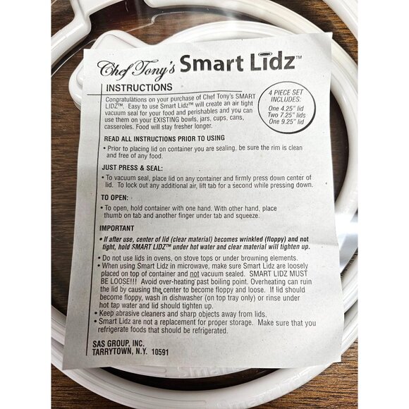 Chef Tonys Smart Lidz Clear & White 3-Piece Set Silicone Seal Lids Bowl Covers - Picture 3 of 4